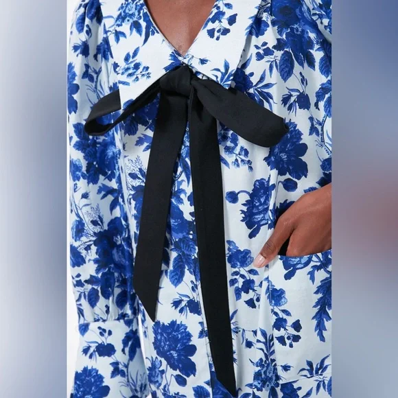 Tuckernuck Blue and White Floral Long-Sleeve Mini Dress with Black Bow - Picture 5 of 16